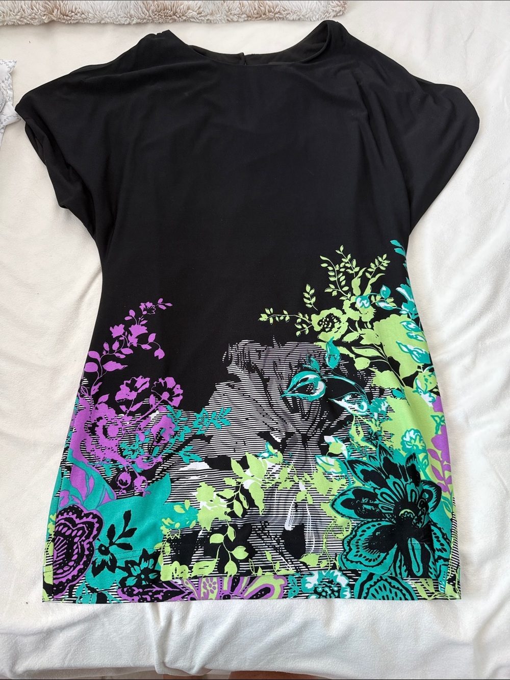 Adrianna Papell Black Tunic Top with Teal, Purple & Lime Floral Print